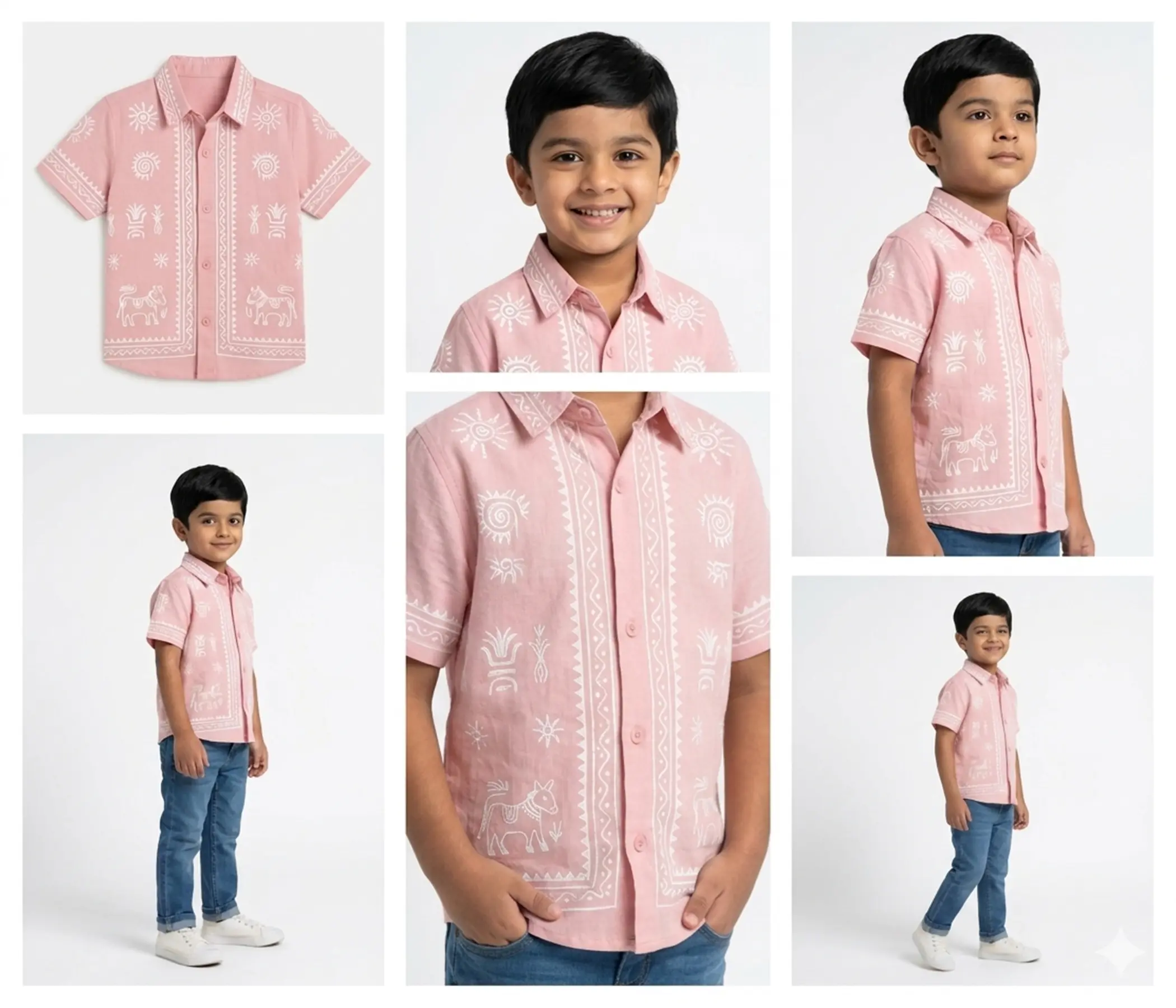 Hand Painted Pink Cotton Shirt for Boys | Ethnic Casual Wear Kids Shirt